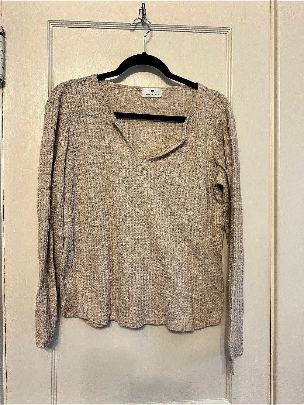 Socialite Long Sleeve Thermal Henley Top Beige